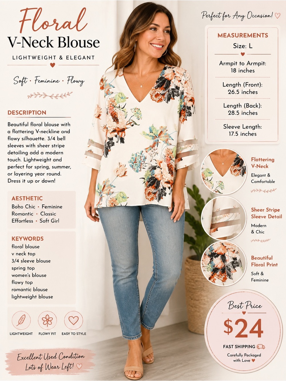 V-Neck Floral Bell Sleeve Blouse - White Multi
